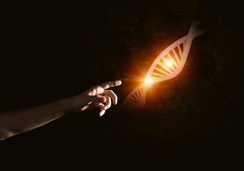 Science medicine and technology concepts as DNA molecule on dark background with connection lines