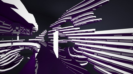 Abstract interior of the future in a minimalist style with violet sculpture. Night view from the backligh. Architectural background. 3D illustration and rendering
