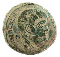Ancient Roman copper coin of Emperor Magnentius. Obverse.