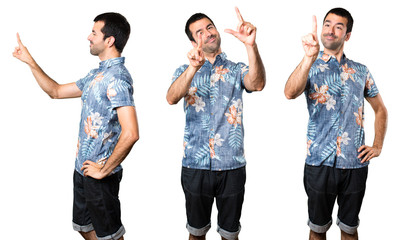 Obraz premium Set of Handsome man with flower shirt touching on transparent screen