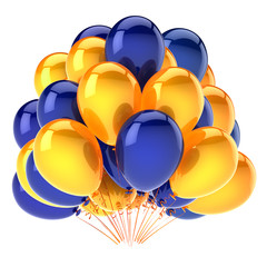 balloons party yellow blue colorful. helium balloon bunch birthday decoration glossy, carnival celebration background. 3d illustration