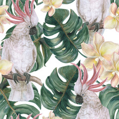 Fototapeta premium Akwarela malarstwo bezszwowe wzór z liści tropikalnych deliciosa, kwiatów plumeria i kakadu