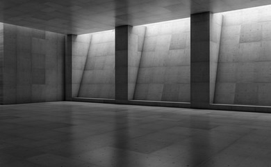 Abstract concrete showroom with columns. Modern geometric design. Gray floor and wall background. 3d rendering