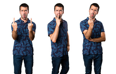 Set of Brunette man making horn gesture