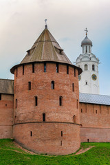 Obraz premium Wall and towers of Veliky Novgorod Kremlin (Detinets-stronghold).