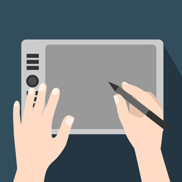 Hands using graphic tablet-Flat Vector Illustration.