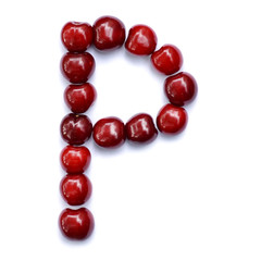 Letter P made with cherries to form a letter of the alphabet. Berry letters on a white background.