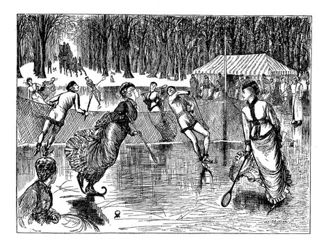 tennis on ice rink, cartoon depicting a game of  tennis on ice  by George du Maurier (1834-1896) a Franco-British cartoonist for Punch, 1876