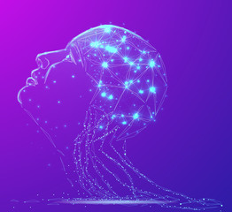 Lines connected to thinkers, symbolizing the meaning of artificial intelligence. Banner. Abstract image of a starry sky , consisting of points,  in the form of  stars and the universe. Low poly vector