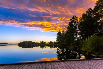 Summer night lake view from Sotkamo, Finland.