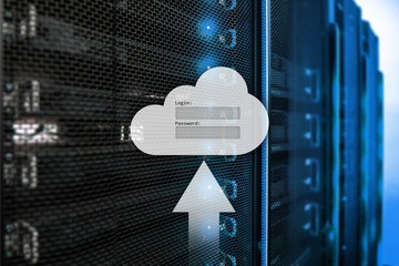 Cloud storage, data access, login and password request window on server room background. Internet...