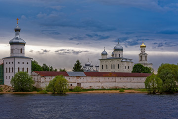 The St. George's (Yuriev) Orthodox Male Monastery on the banks of The Volkhov River. Veliky Novgorod, Russia.