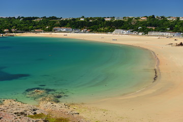 St Brelades Bay, Jersey, U.K. The white sands and aquamarine waters of the most popular beach in the Channel Islands.