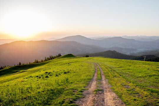 Landscape view on the beautiful Carpathian mountains on the High Top near the Slavske village during the sunset in Ukraine