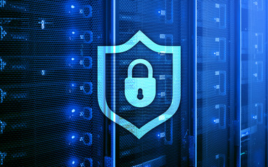 Cyber protection shield icon on server room background. Information Security and virus detection.