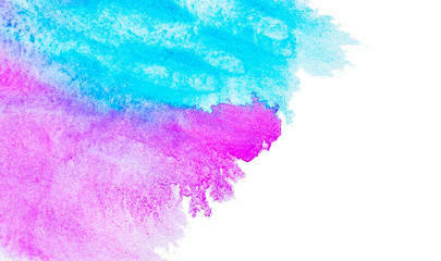 Watercolor background, the paint spread on the paper. Pink and blue. Isolated on white