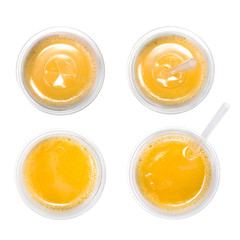 A glass with orange juice. View from above. 4 different types.