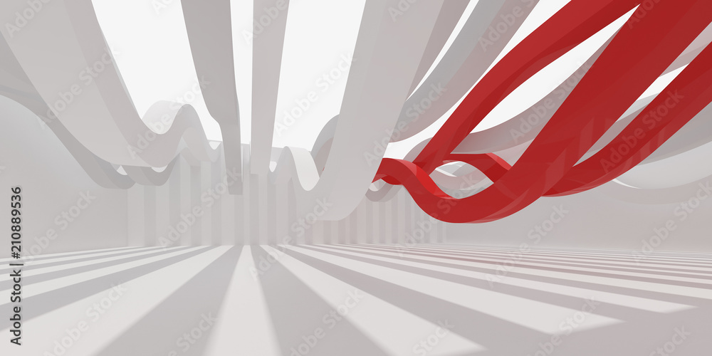 Aufkleber 3d stimulate of white interior space and red curve line with sun light cast the shadow on the wall a
