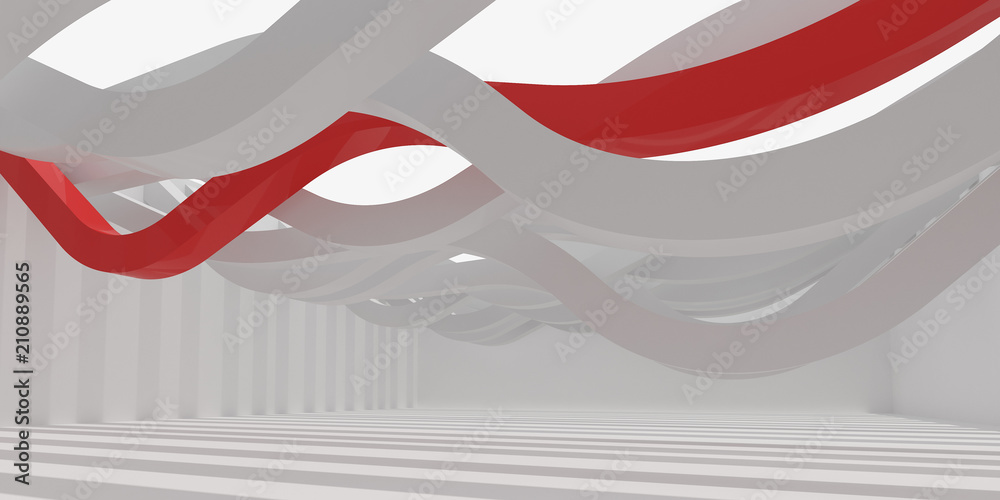 Poster 3d stimulate of white interior space and red curve line with sun light cast the shadow on the wall a