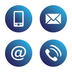Vector icon set: blue spherical communication icons - mobile phone, envelope, e-mail address, phone