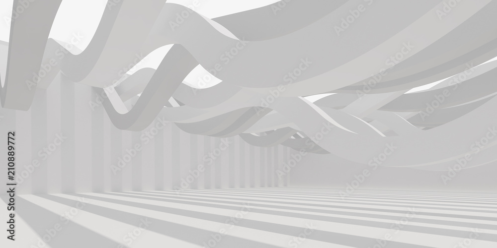 Aufkleber 3D stimulate of white interior space and curve line with sun light cast the shadow on the wall and floor,Perspective of minimal design architecture,3d rendering	