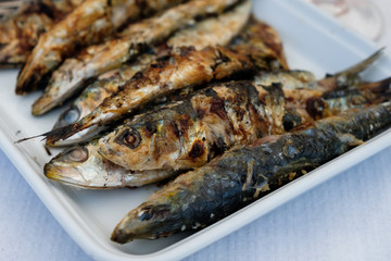 Grilled sardines and green peppers in Porto, Portugal on a grid grill, traditional food on festival Sao Joao