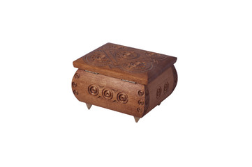 Old wooden casket with graved pattern isolated