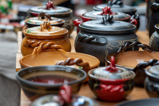 Handmade Latvian National Ceramics. Close-up photograph.