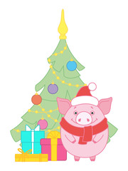 Fototapeta premium Pig near the Christmas tree, decorated with toys. Gifts near Christmas tree. Symbol of the new year in the Chinese calendar. 2019. Vector. Illustration for postcards, stickers, posters.