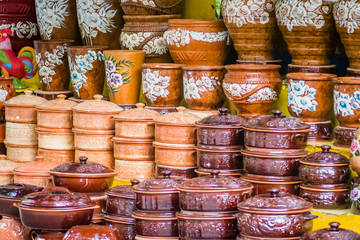 Exposed colorful ceramic dishes 