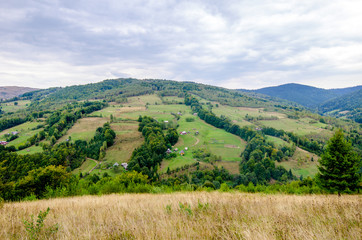Beautiful view of a Transylvanian rural village spread on a hill with a lot of trees and mountains on the background