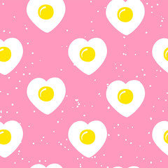 Food pattern with fried egg in the shape of heart on pink background. Ornament for textile and wrapping. Vector.