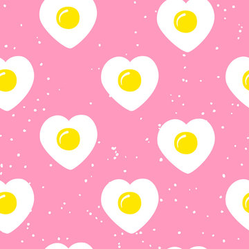 Food pattern with fried egg in the shape of heart on pink background. Ornament for textile and wrapping. Vector.