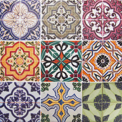 Detail of the traditional tiles from facade of old house. Decorative tiles.Valencian traditional tiles. Floral ornament.
