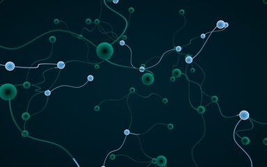 Neural network. Social network. Futuristic dna, deoxyribonucleic acid. Abstract molecule, cell illustration, mycelium. Dark background. 3D illustration