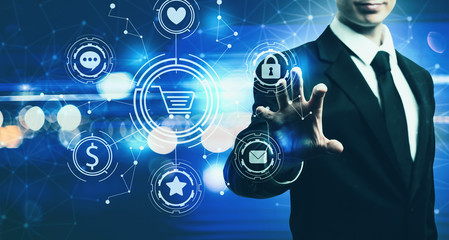 Online Shopping Theme with businessman on blurred blue light background