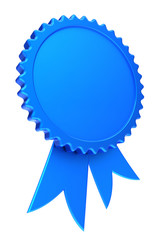 award ribbon blue reward medal rosette blank. achievement badge winner best template design element empty. 3d illustration