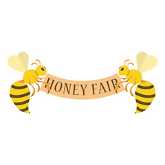 two bees are holding a poster,honey fair,vector image, flat design
