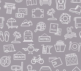 Travel, vacation, tourism, leisure, seamless pattern, contour, gray-blue. Different types of holidays and ways of travelling. Vector, monochrome background. White line drawings on a gray-blue field.  