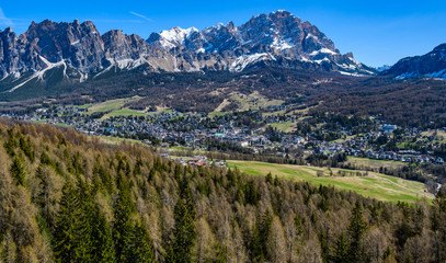 Aerial view of Cortina d'Ampezzo in the Dolomites, Italy