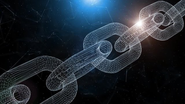 Futuristic blockchain chain motion on digital cyberspace network background.