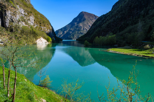 Mountain reflection in the Mis Valley, Dolomites, Italy