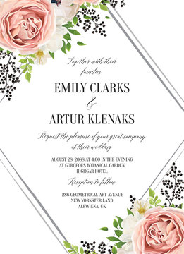 Wedding floral watercolor style invite, invitation, save the date card design with pink garden rose, white anemones, magnolia flower, green fern leaves & black berries frame. Vector, romantic template