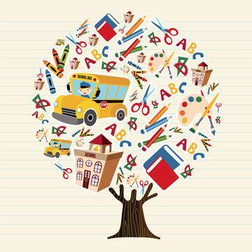 Tree of kids school icons for education concept