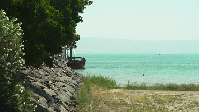 A Boat rests on a dock at the Sea of Galilee