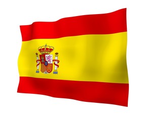 Obraz premium The flag of Spain. Official state symbol of the Kingdom of Spain (Spanish: Reino de Espana). Concept: web, sports pages, language courses, travelling, design elements. 3d illustration