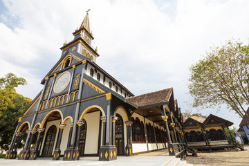 Exterior of ancient Catholic wooden church in Kon Tum, Vietnam, Asia.