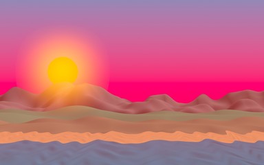 Fototapeta na wymiar Sun Sea Beach. Sunset. Ocean shore line with waves on a beach. Island beach paradise with waves. Vacation, summer, relaxation. Seascape, seashore. Minimalist landscape, primitivism. 3D illustration