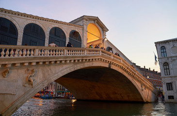 Famous Rialto Bridge in Venice / Illumination at night