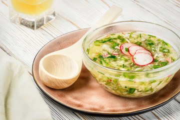 Cold summer soup of okroshka from vegetables